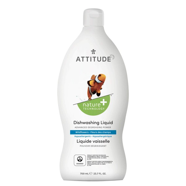 ATTITUDE Dishwashing Liquid, Advanced Degreasing Power, Biodegradable, Hypoallergenic, Plant- and Mineral-Based Ingredients, Vegan and Cruelty-Free, Wildflowers, 700 ml
