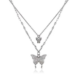 KGDUYC 1 Piece Bohemian Butterfly Pendant Necklace - Crystal Silver Choker Layered Lace Chain Jewelry Necklace with Adjustable Chain Young Girl Gift (Silver)