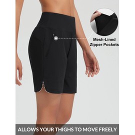 Women's 7'' Swim Board Shorts with Zipper Pockets High Waisted Tummy Control Long Beach Swimming Shorts UPF 50+ Quick Dry Modest Swimsuits Bottoms Black L