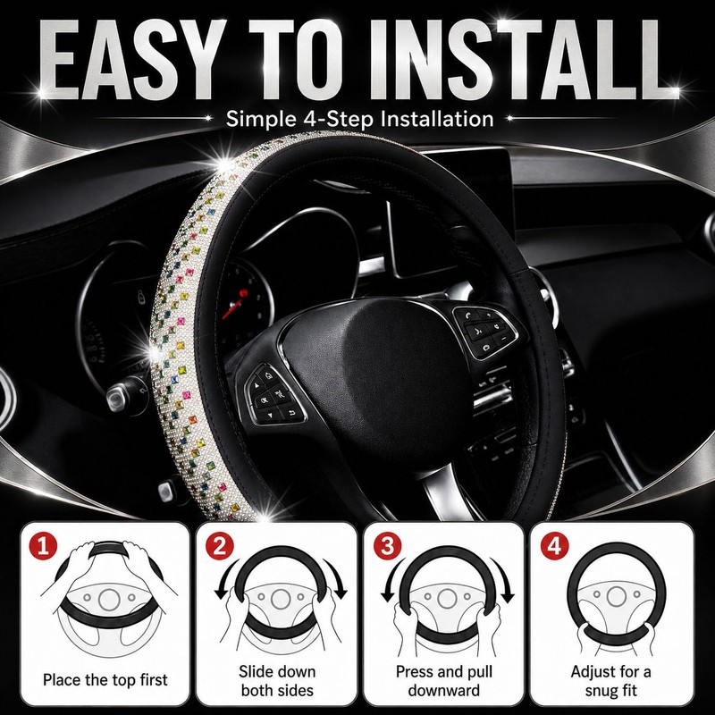 15" Sparkly Large Diamond Steering Cover for Women,Universal Fit (Colorful)