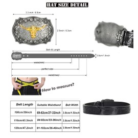 HinyBoeh Western-PU-Leather-Belts for Men and Women Cowboy-Cowgirl Longhorn-Bull-Pattern-Engraved-Buckle-Belt for Unisex, Black, for 33-36“ waist