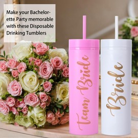 Bride to Be Skinny Tumbler | 16 oz Bride & Team Bride Tumblers | Bachelorette Party Cups | Engagement Wedding Gifts Bridesmaids Mugs Bachelorette Party Supplies & Games(Pink)