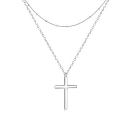 Ovian Sideways Cross Necklace for Women 18K Gold Plated Stainless Steel Christian Religious Cross Choker Necklace (03 Layered Silver)