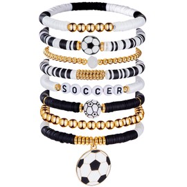 Huquary 8 Pcs Soccer Charm Bracelets for Women Mom Adjustable Stackable Sports Accessories Clay Beaded Stretch Bracelets Gifts for Teen Women Soccer Game Day Team Party Favors