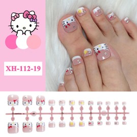 French Tip Toe Nails - Square False Toenails Short - Cute Kitty Press on Toe Nails French Tip in 12 Sizes - Reusable french toe nails Acrylic Toe Nail tips for Women Girls