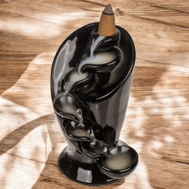 MIJOMA Backflow Incense Cone Holder Made of Black Ceramic, Waterfall Incense Cone Holder, Incense Burner Holder, Spiritual Incense Burner, Relaxation and Meditation (Flow, 12.5 x 7.5 cm)