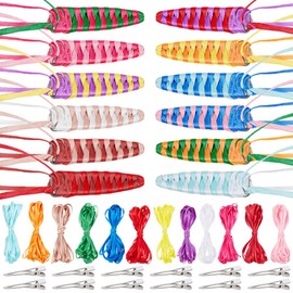 FREEBLOSS 12 Set DIY Ribbon Barette Kit Braided Grosgrain Ribbon Barrette Set Drop Shaped DIY Hair Clips Kit Retro Ribbon Barrettes Making Kit Ribbon Hair Accessories for Girls Instructions Included