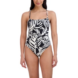 BCBGMAXAZRIA Women's Standard One Piece Swimsuit Adjustable Ruched Bodice Tummy Control Quick Dry Bathing Suit, Black