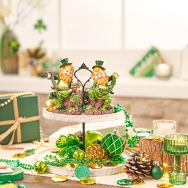 Valery Madelyn St Patricks Day Leprechaun Figurines, 2Pcs Whimsical Irish Decor with Shamrocks and Luck Sign, Large Green Resin St Patricks Gifts for Home Table or Tiered Tray Shelf Decor, 5.3 Inch