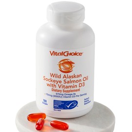 Vital Choice MSC Wild Alaskan Sockeye Salmon Oil and Vitamin D3 Dietary Supplement, 180 Softgels