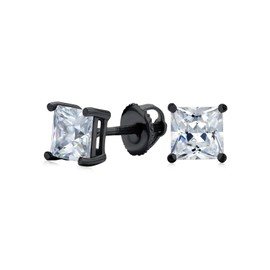 .50 CT Clear Square Princess AAA Cut Cubic Zirconia Solitaire Stud Earrings For Men Women CZ Secure Screw Back Black Plated .925 Sterling Silver