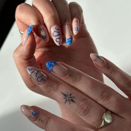 MERVF Almond Press on Nails Medium Fake Nails Press ons Blue French Tip Glue on Nails Gold Star Stiletto Acrylic False Nails with Snake Design Glossy 24pcs