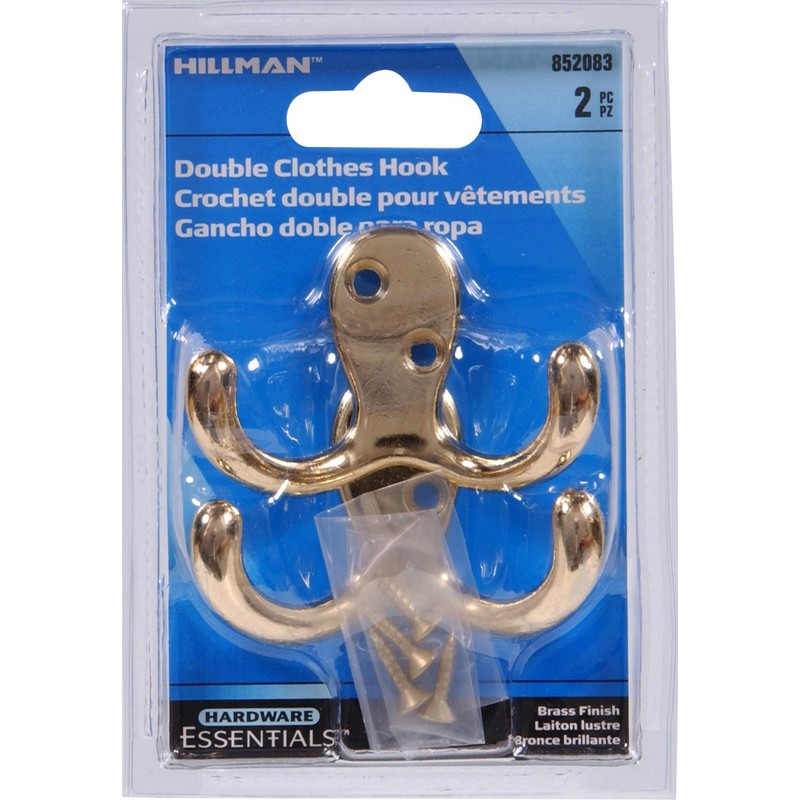 Hillman Hardware Essentials 852083 Double Clothes Hooks Brass -2 Pack