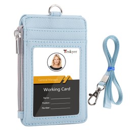 Teskyer Glacier Blue PU Leather Zip ID Card Holder with Strap and 1 Clear ID Window and 3 Card Slots