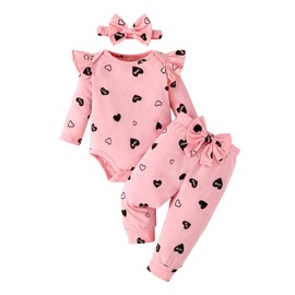 GDTOGRT Newborn Baby Girl Clothes Outfit Set Sweet Ruffle Romper, Pants and Headband 3-6 Months Infant Clothing Pink-Love