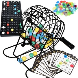 Juego de bingo para adultos, juego de bingo, los mejores juegos de mesa con jaula de bingo de metal y juego de bolas con 50 tarjetas de bingo, 300 fichas de bingo - Juegos de bingo para familia