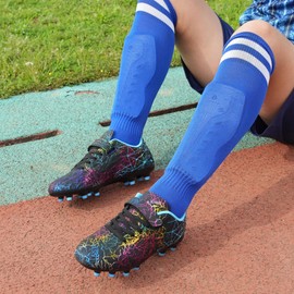 JABASIC Children's Football Boots Boys Girls with Shin Pads and Football Socks, black blue, 31 EU