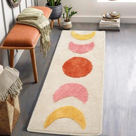 DyeFury Boho Moon Bathroom Runner Rugs - Gradient Moon Phases Bath Mat,Non Slip Half Moon Witch Rugs,Bohemian Witchy Hippie Bathroom Decor, Long Runner Rug for Bedroom Hallway,Neutral Creamy 50"x20"