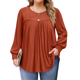 IN'VOLAND Plus Size Fall Tops for Women Long Sleeve Shirts Crew Neck Flowy Casual Loose Tunic Blouse Orange