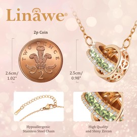 Linawe Interlocking Circle Peridot Green Necklace for Women, Moissanite Imitation Diamond Crystal Rhinestone Birthstone Cubic Zirconia Pendant Rose Gold Necklaces, Stainless Steel Chain