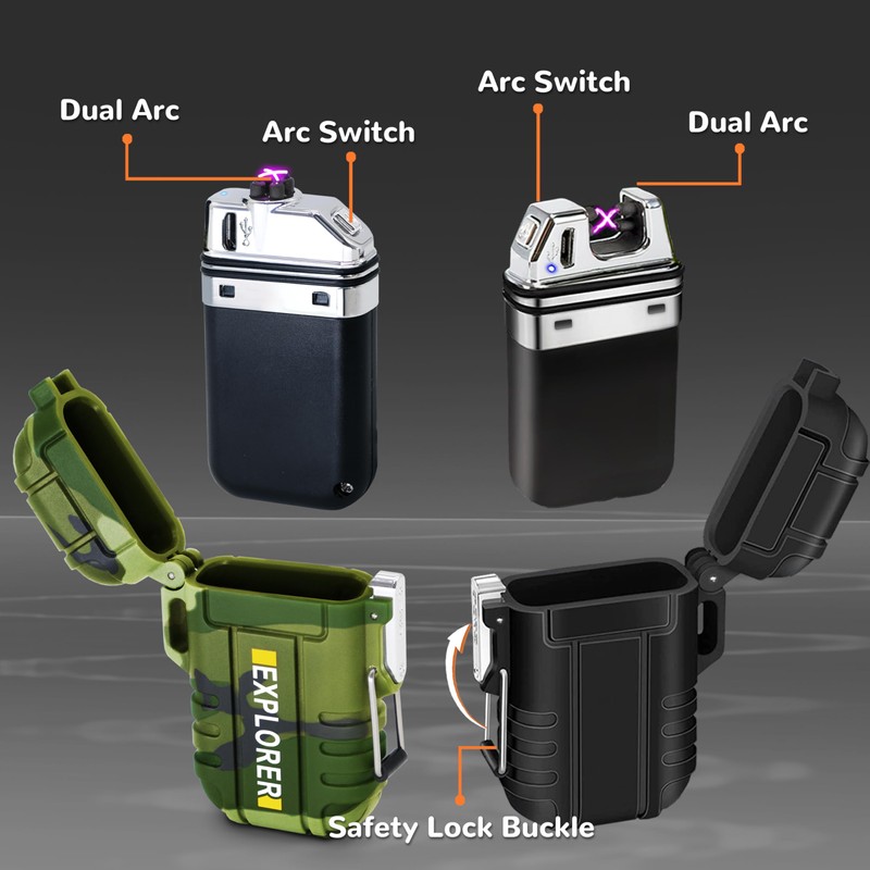 2 Pack Waterproof Lighter Outdoor Electric Lighter Dual Arc Lighter