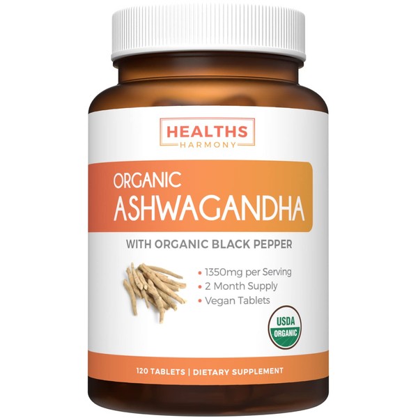 USDA Organic Ashwagandha (120 Vegetarian Tablets) 1350mg Ashwaganda Root Powder Per Serve with Black Pepper - Natural Adrenal Support, Cortisol & Thyroid Support, Immune Support (No Pills or Capsules)