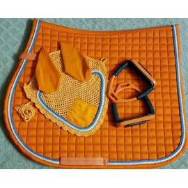 Lift Sports Horse English Saddle Pad Set 8 Colors with Matching Flexible Safety Stirrups Bendy Iron Fly Bonnet Veil Ear Net Full/Horse Size Cotton Hand Made Tack Equestrian Horse Shows (Red)