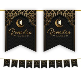 Ramadan Mubarak Kareem Bunting Party Flags - Ramadhan Decorations Banner Partyware Moon Star (Black & Gold) 10 Flags (Black & Gold)