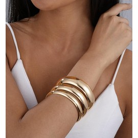 Chunky Gold Bangle Bracelets for Women, Dainty 14k Gold Plated Big Stackable Bangles Set, Trendy Cuff Bracelet Stack Fashion Jewelry Gifts