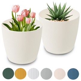 PECZEKO Matte Flower Pot, Plastic Planter, Decorative Pot for Large Plants, 2 x Flower Pot Set, Flower Pot Herb Pot, (2 Pack) Cream, Diameter 22 cm