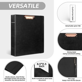 Ospelelf 3 Ring Binder with Clipboard 2 Inch Leather Binder for Letter Size (8.5" x 11"), Clipboard Binder with 5 Tab Dividers Back to School Supply, Black