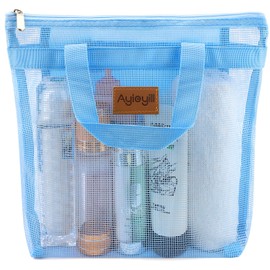 Shower Caddy Portable, Mesh Shower Caddy Tote Bag Quick Dry Hanging Toiletry and Bath Organizer for College Dorm, Gym, Beach, Travel or Camping with Zipper (A-Skyblue)