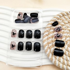 Black Short Press On Nails Square Fake Nails with Black Vines and Dark Butterfly Designs Black Full Cover Silver Glitter Lines Acrylic Nails Stick Glue On Nails for Women Girls 24 Pcs