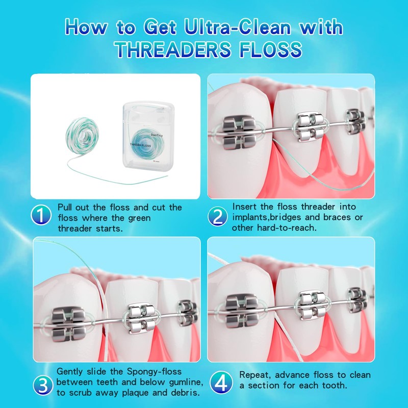 840D Fluffy Floss Threaders,Deep Clean Dental Floss for Braces, Bridges,