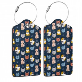 Cute Cat Luggage Tags for Suitcase,2 Pack Luggage Tag Animal Prints Leather Privacy Cover ID Label with Stainless Steel Loop for Women Men Kids Girls Travel