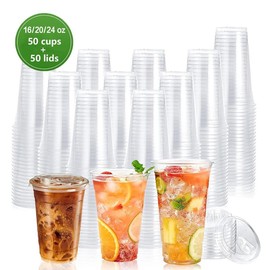 Disposable Plastic Cup with Lid, 50 Set Clear Cup with Direct Drinking Lid,  Plastic Cups, Disposable Tableware for Wedding, Restaurant, Party, Picnic - Color: Clear, Specification: 16oz Cup & Straight Drinking Lid * 50set