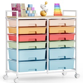 Rolling Storage Cart with 12 Drawers, Wooden Tabletop Utility Cart for Craft Storage, Art Supply Storage & Home Office Organization, Teacher Cart with Wheels for Classroom, School (Rainbow)