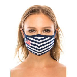 unik Cloth Face Covering with American Flag embroidered on the side, 2 Pack, Blue and White Stripes, Washable and Reusable. Unisex- Adult Size Striped Flag