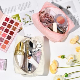 SOIDRAM 2 Pieces Makeup Bag Corduroy Cosmetic Bag White Pink Makeup Pouch Travel Toiletry Bag Organizer Cute Makeup Brushes Storage Bag for Women