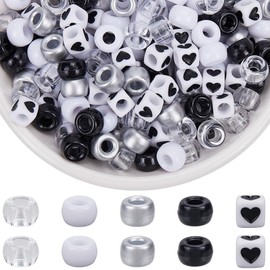SOFPLAT 1 Box 1000Pcs 6x9mm Pony Beads White Black Glitter Kandi Beads Bulk Holiday Round Plastic Pony Heart Charms Accessories for Jewellery Making Supplies DIY Bracelets Earrings Crafts Hair Braids