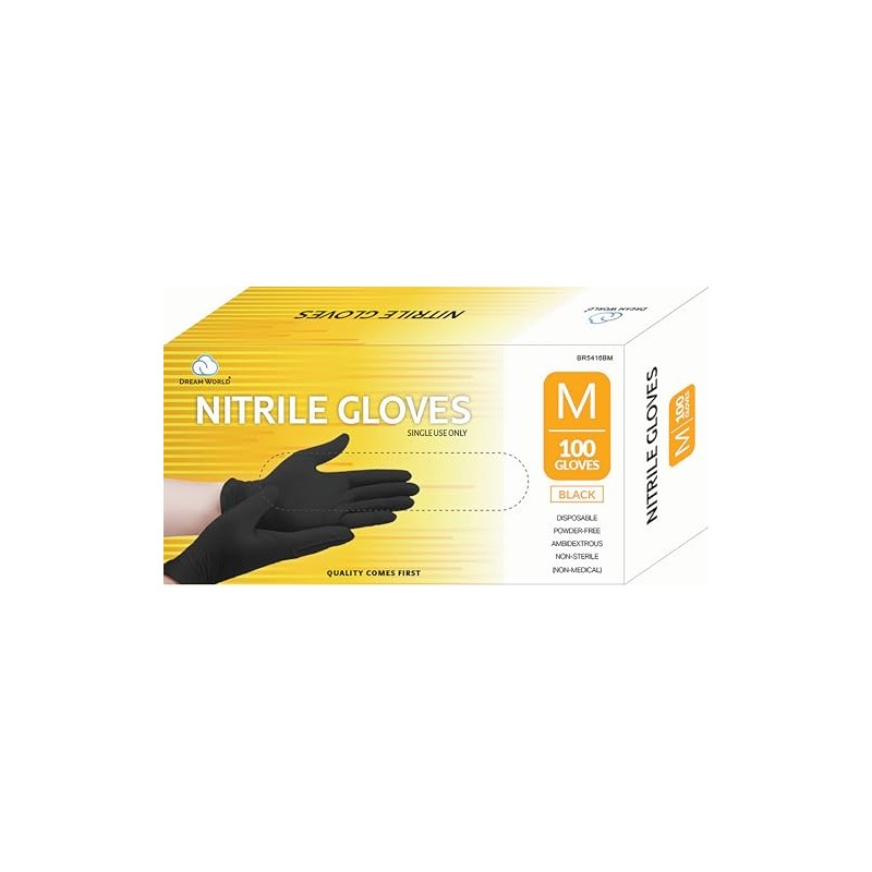 Dream World Medium Nitrile Gloves Black 100 Pcs Box
