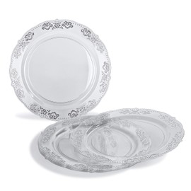 " OCCASIONS " 360 Pcs set (60 guest) Wedding Disposable Plastic Plate and Silverware Combo 10.25" + 7.5" + Silverware (Double Fork) (Portofino Clear & Silver, Silver Silverware)