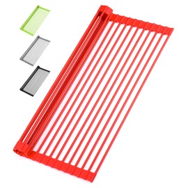 Large 20.5" Multipurpose Roll Up Dish Drying Rack & Trivet - Heavy Duty, Silicone-Coated Stainless Steel Roll Up Rack, Rolls Out Over Any Sink - Versatile Roll Up Sink Drying Rack by Zulay (Red)