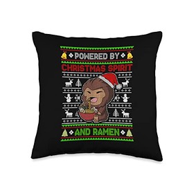 Bigfoot Sasquatch Powered by Christmas Spirit and Ramen Throw Pillow