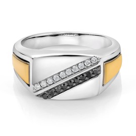 Gem Stone King Men's 925 Silver and 10K Yellow Gold Black Diamond and White Lab Grown Diamond Ring (0.15 Cttw, 9.5MM Width, Available in Size 7,8,9,10,11,12,13)