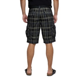RAW X Mens Belted Cargo Shorts, Relaxed Fit Casual Knee Length Cargo Shorts for Men -Plaid Black -38