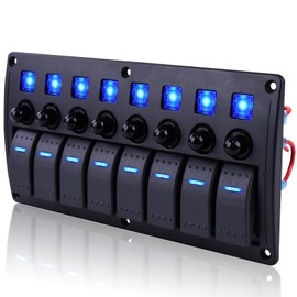 Marine Boat Switch Panel Waterproof, 8 Gang Rocker Switch Panel 12V/24volt On/Off Blue led, Fuse Panel for Boat with Circuit Breaker 4 * 10A/15A for Car RV UTV Truck