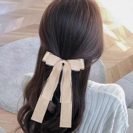 Beige Hair Bows for Women Girls Velvet Ribbon Hair Bow Clips Big Tulle Bow for Girls Hair French Barrettes for Thick Thin Hair Pin Bow Hair Accessories for Wedding Cosplay Party Decorations