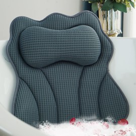 Joeyset Luxury Bath Pillow for Tub, Soft 5D Air Mesh Fabric for Comfort, Breathable & Quick-Drying Bathtub Cushion for Head, Neck, Back Support, Non-Slip Spa Pillow with Strong Suction Cups, Gray