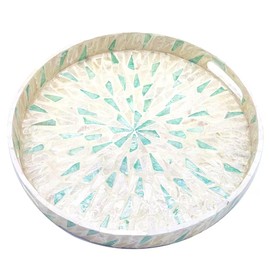 I-lan 14 Inch Round Beige Blue Mother of Pearl Severing Tray with Handle and 2 Inch Side, Lacquer Wooden Shell Decorative Tray, Gorgeous Inlay Nacre Ottoman Tray for Food, Breakfast, Coffee Table, M